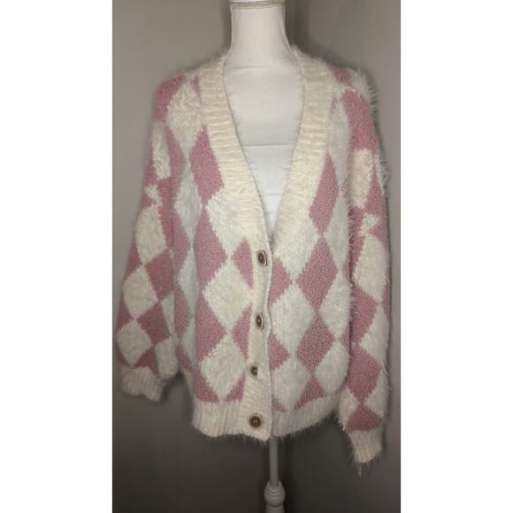 Pol fuzzy pink preppy Y2k argyle sweater lg - Picture 1 of 8